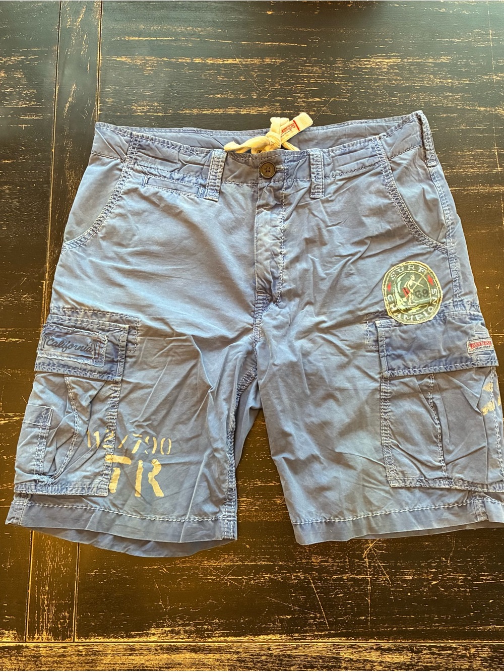 True Religion Navy Blue Cargo Shorts with Patch & Print